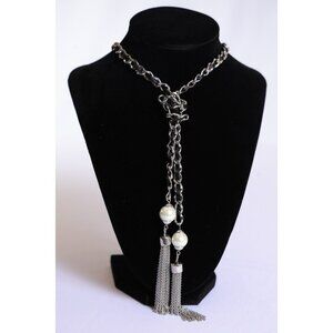 White House Black Market 25" Silver Chain & Faux Pearl Tassel Necklace